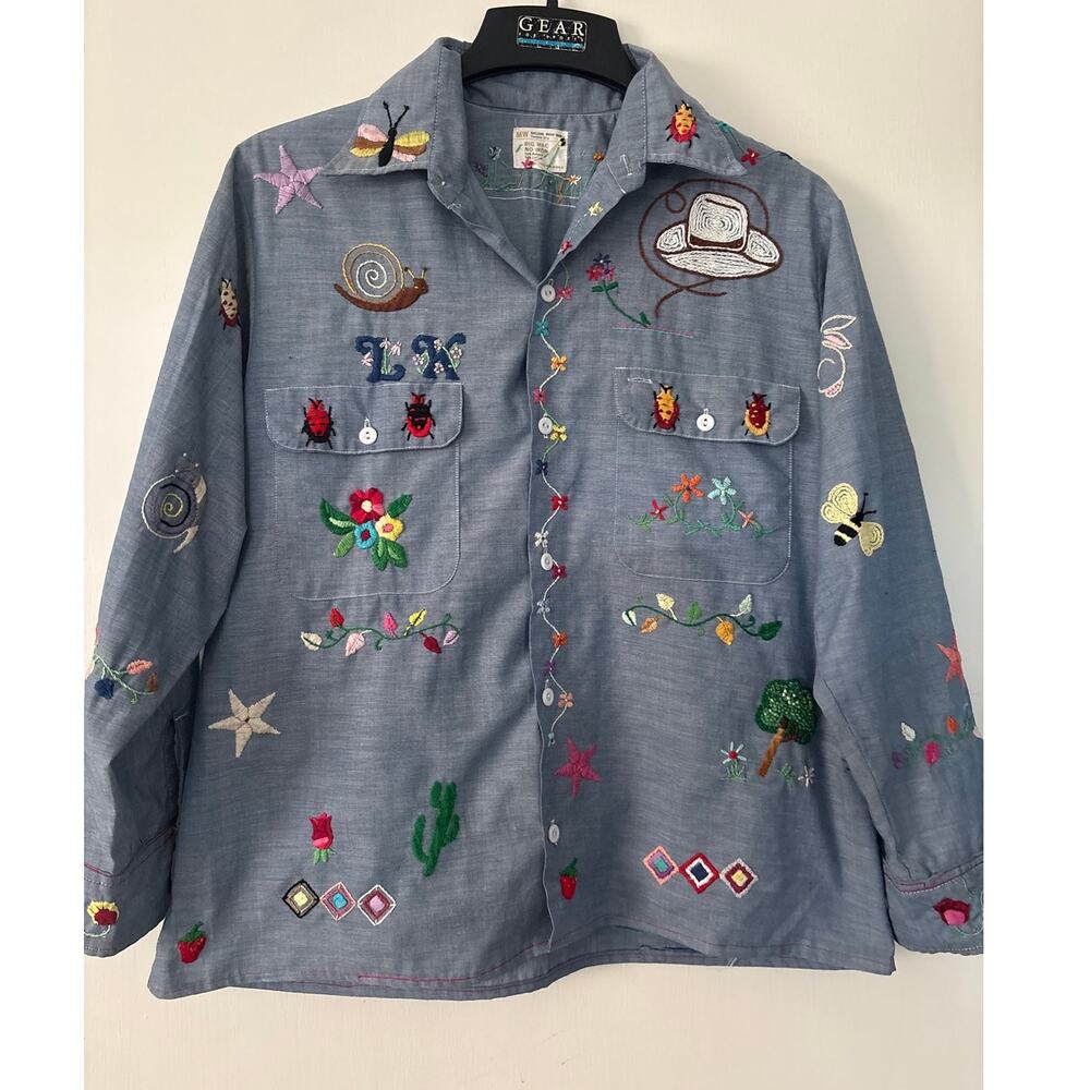 Big Mac Chambray Denim All Over Print Hand Embroidered Shirt Med Large Vintage